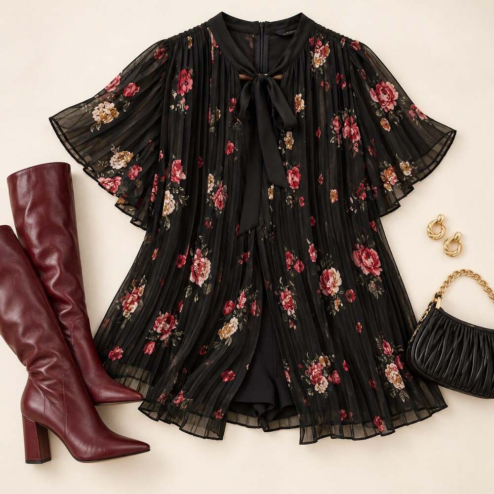 Zara Woman Small Black Floral Romper Pleated Overlay Tie Neck Flutter Sleeve